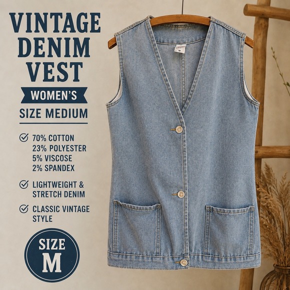 Unbranded Jackets & Blazers - Vintage Style Women Blue Denim Vest Light Wash Stretch Button Front Medium